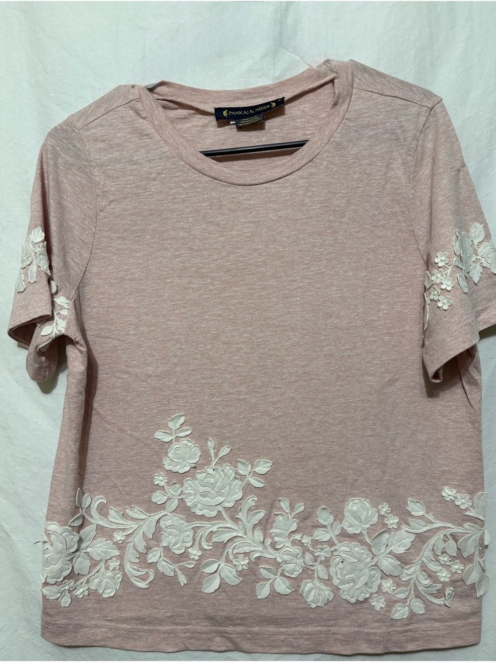 Pankaj & Nidhi Pink Blush 3D Floral Appliqué Tee – Designer India – Size M